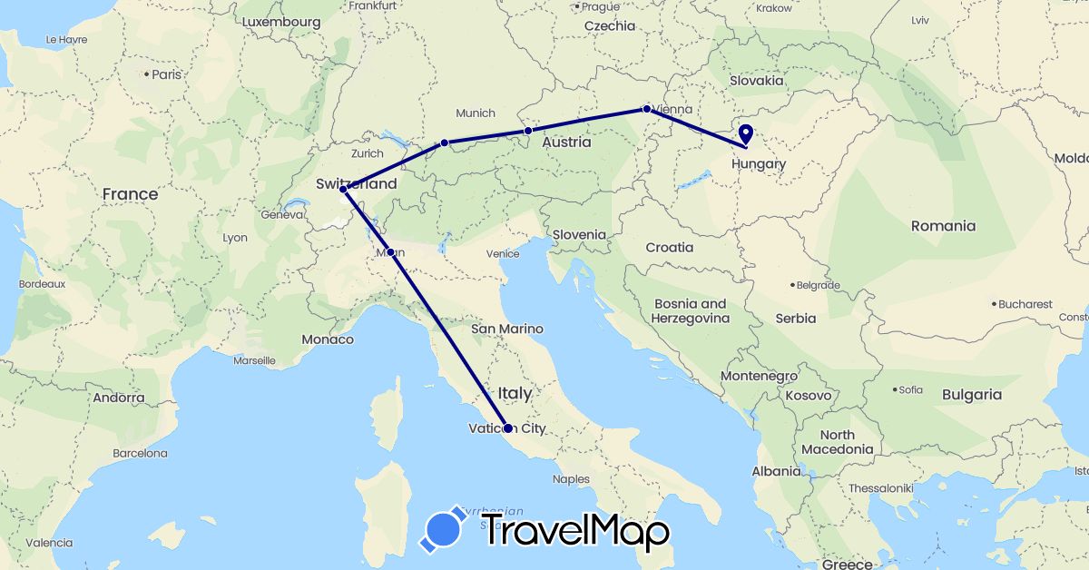 TravelMap itinerary: driving in Austria, Switzerland, Germany, Hungary, Italy (Europe)
